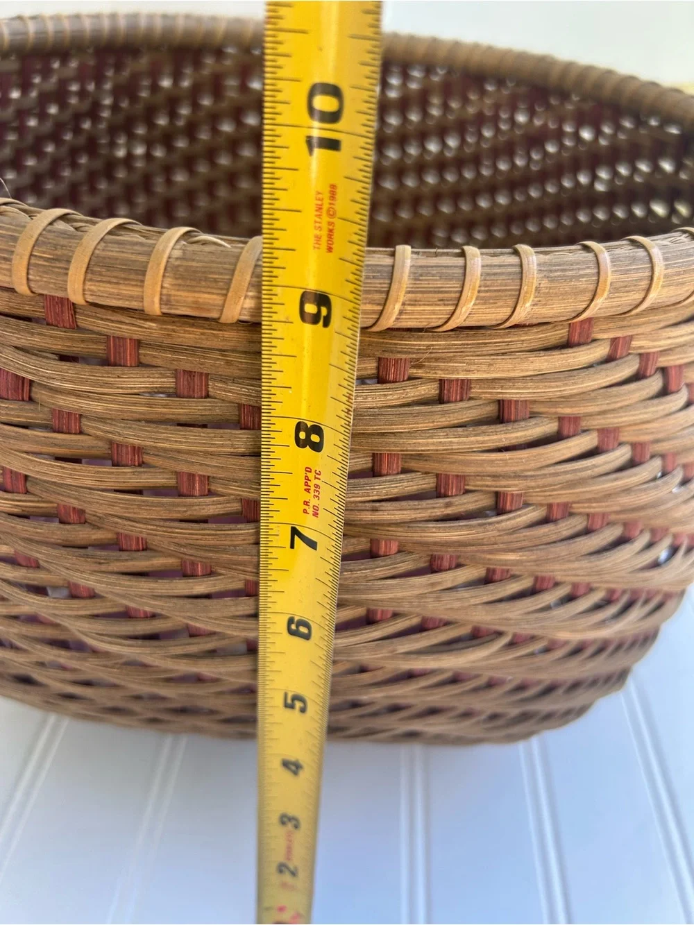 Vintage Basket Hand Woven Round Decorative Storage Brown Red Accents  9x14